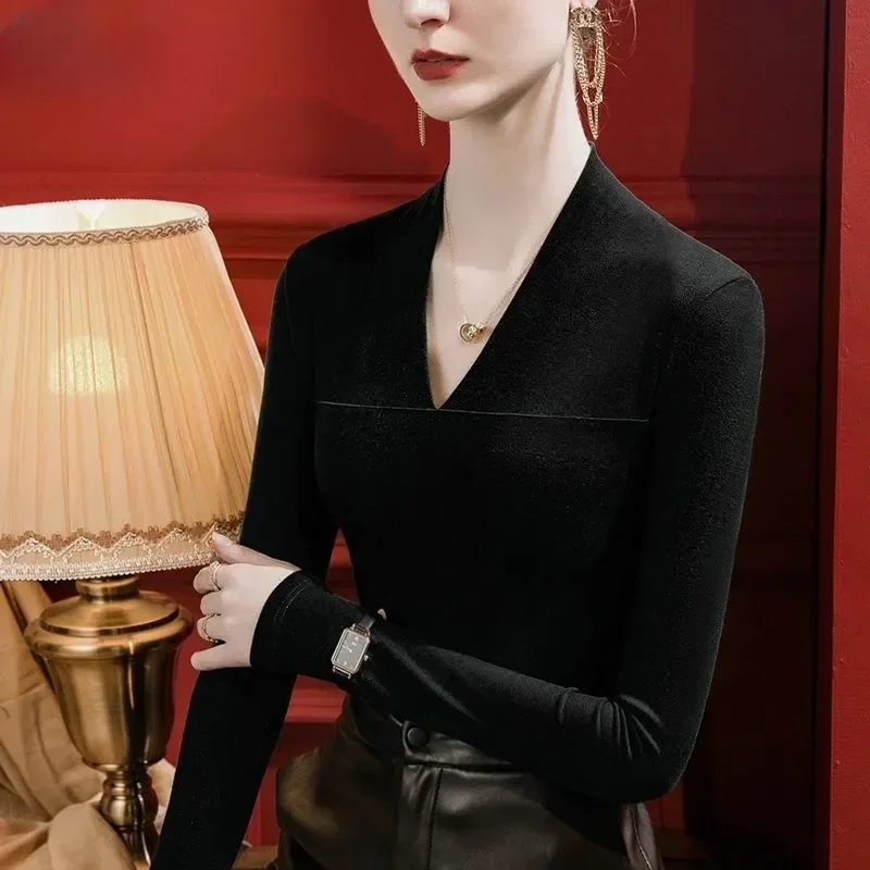 2025 الخامس الرقبة نحى بلون قاع طويلة الأكمام تي شيرت المرأة ضئيلة الخريف نمط تنوعا #3