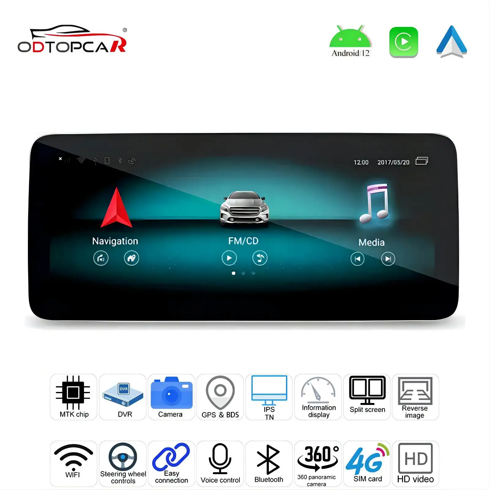 

ODTOPCAR Mercedes C-W205 Touch Screen Upgrade 12.3” Android 13 System Wireless CarPlay Android Auto Stereo Video Games YouTube