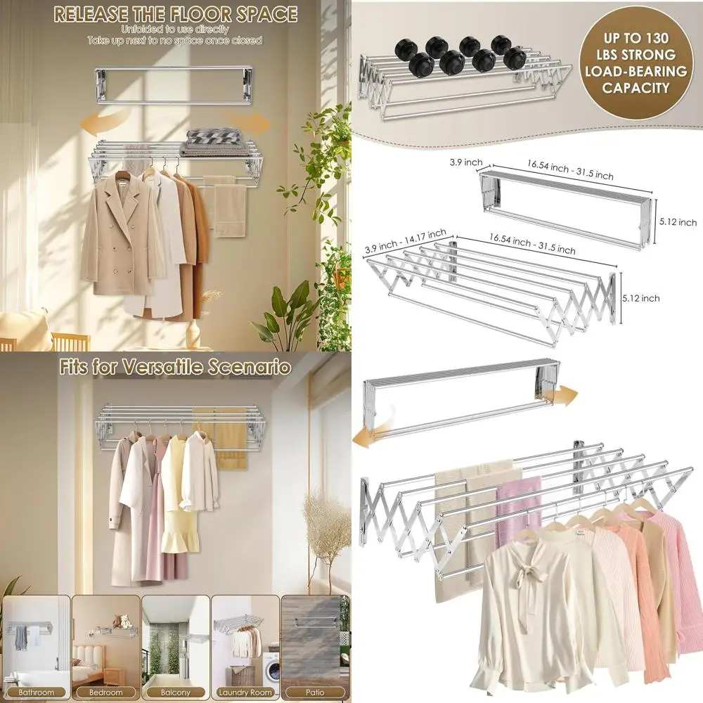 

Large Capacity 31.5 Retractable Wall Mounted Clothes Drying Rack, 130 LB Rustproof, Collapsible with 7 Rods, Easy Install, Space