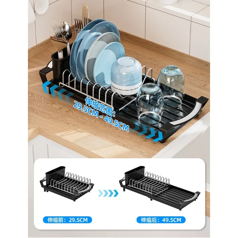 

Expandable Dish Rack with Drain Tray - 2-Tier Sink Organizer for Plates/Utensils, Space Saving Kitchen Storage