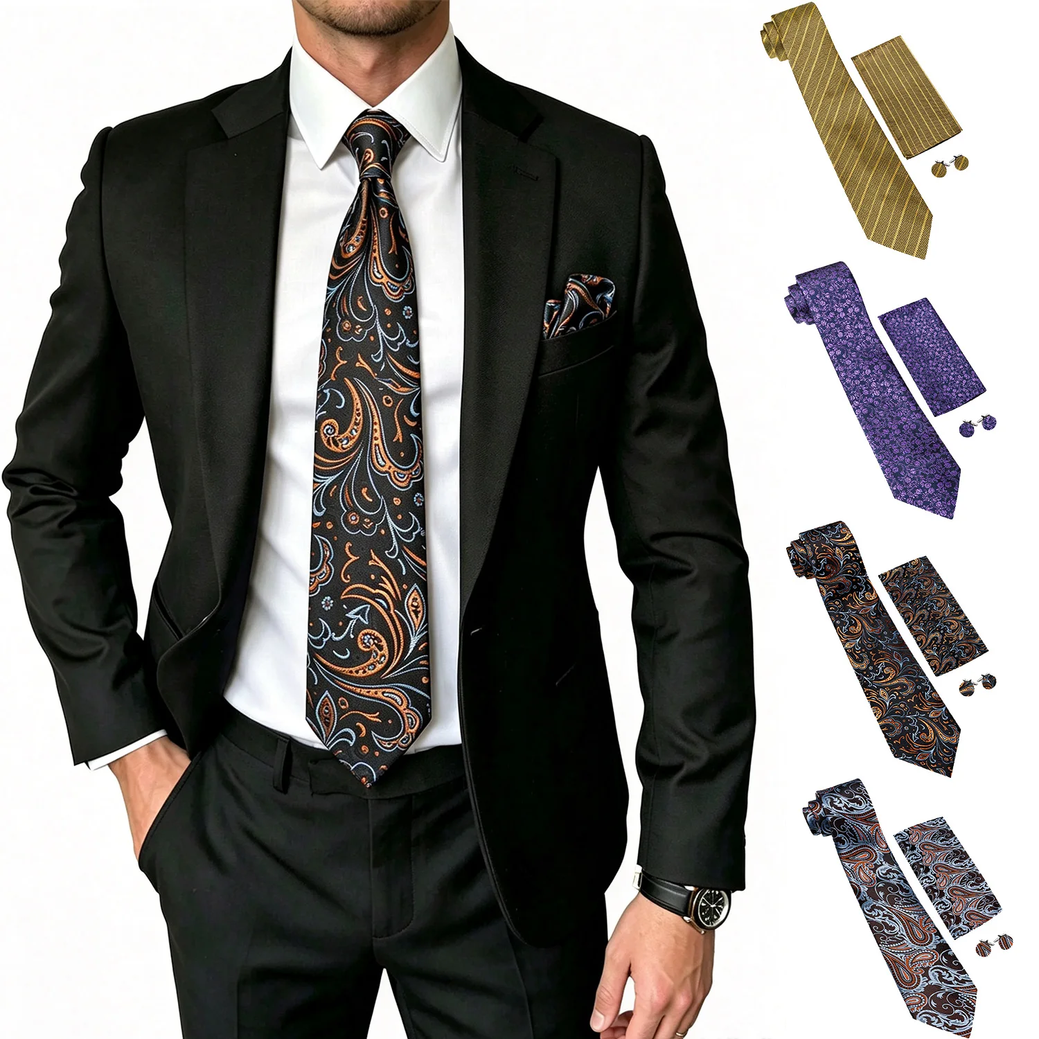 Vintage Paisley Floral Mens Tie Set 3PCS, With Cufflinks Pocket Square For Wedding Party Office