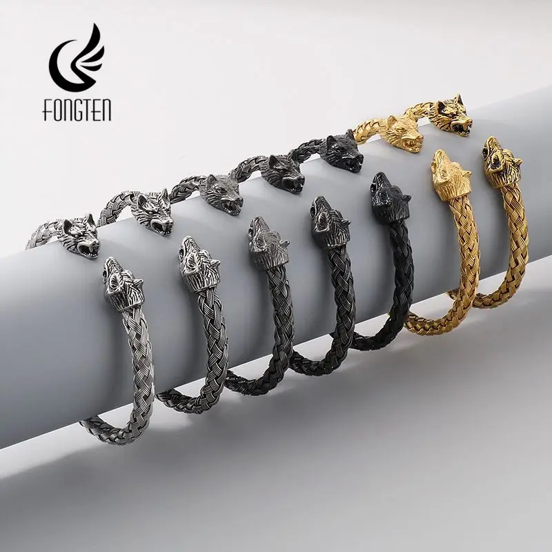 Fongten Stainless Steel Skull Open Men's Bracelet Wolf Head Woven Chain Charming Male Wrist Accessories Wholesale Birthday Gift