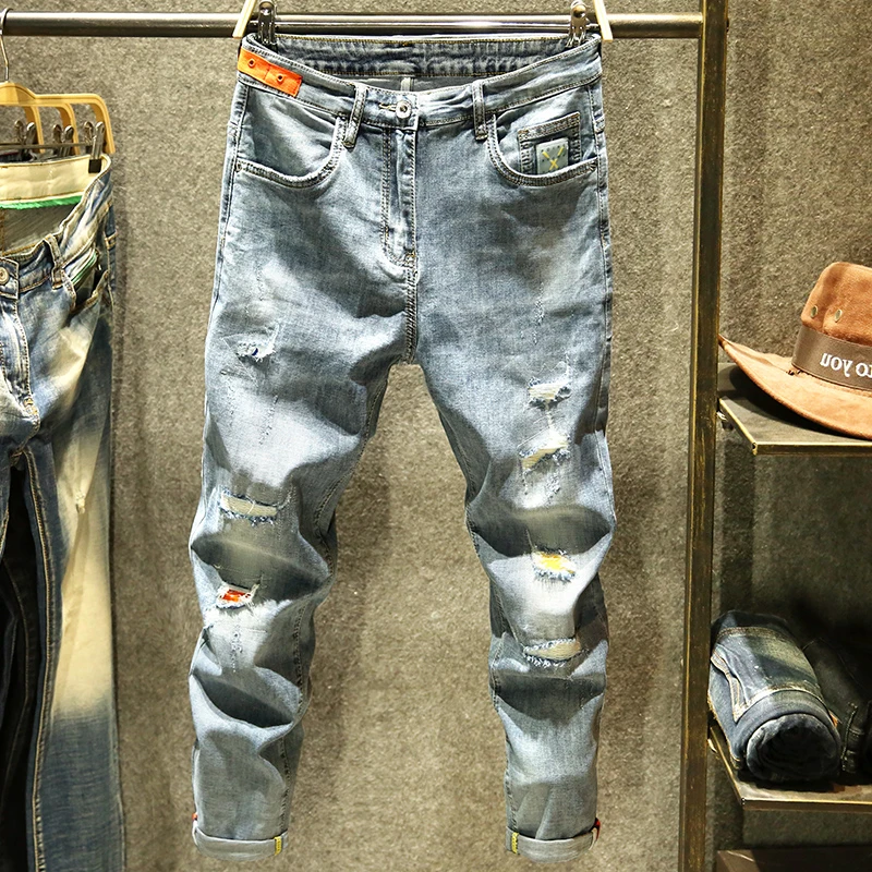 

Trendy Versatile Light Wa Ripped Jeans Men's Trendy Brand Scratched Youth ular Haome Elastic Slim Fit Bootcut Pants