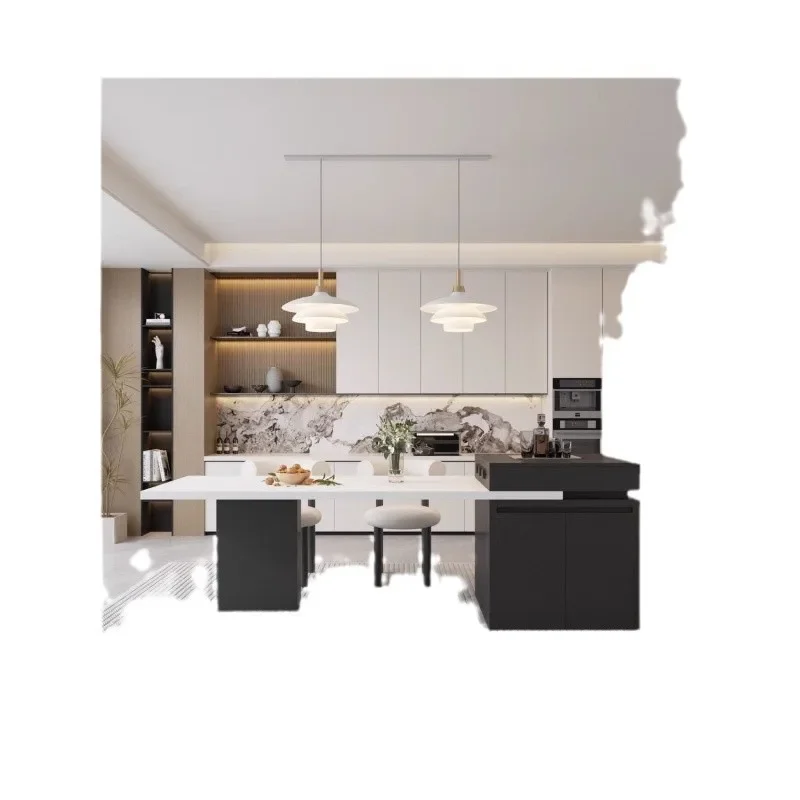 

Kitchen small apartment high-end mid-guide table dining table integrated retractable lower hanging rock slab island