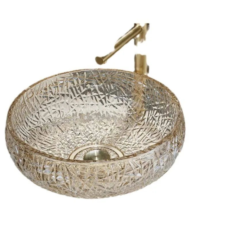 Crystal glass wash basin, basin on the table, hotel basin on the table, famous hotel wash basin, bathroom cabinet, washbasin.