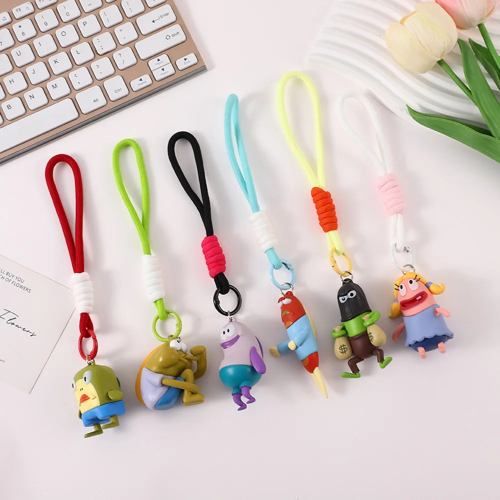 Kawaii  SpongeBob PVC Figure Keychain Colorful Braided Lanyard Cartoon Doll Backpack Bag Charm Cute Cartoon