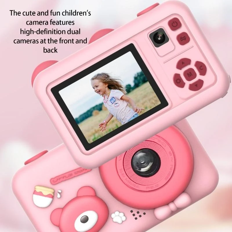 Childrens Digital Camera Adorable Bear Design Double Lens Photography Detachable Stand Simple 15UB
