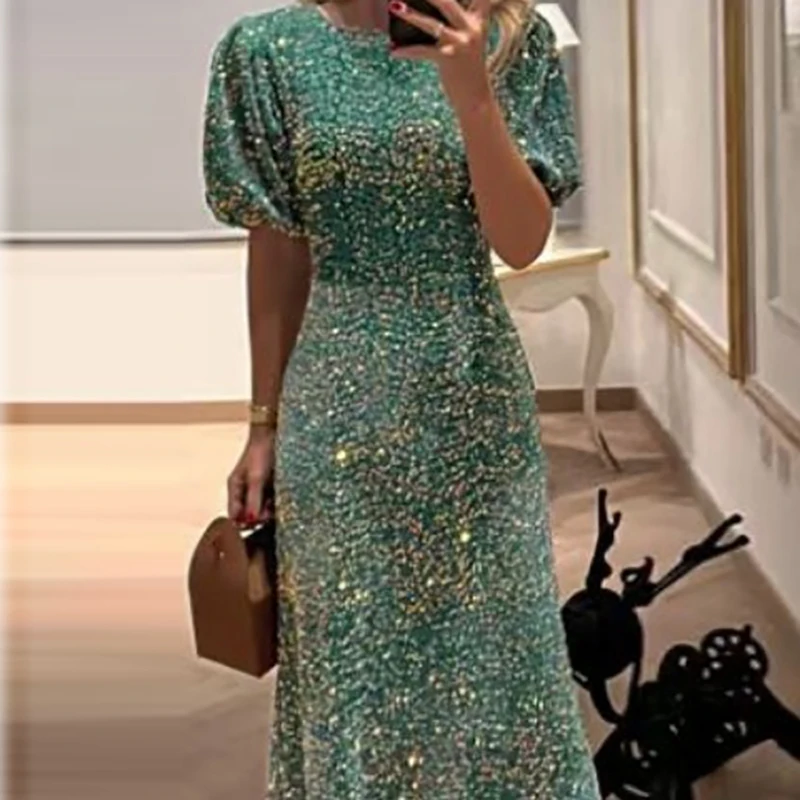 Fashion O-neck Shiny Sequin Banquet Dress Women Causal Short Sleeve Solid Long Dress Elegant High Waist Slim Club Party Dresses