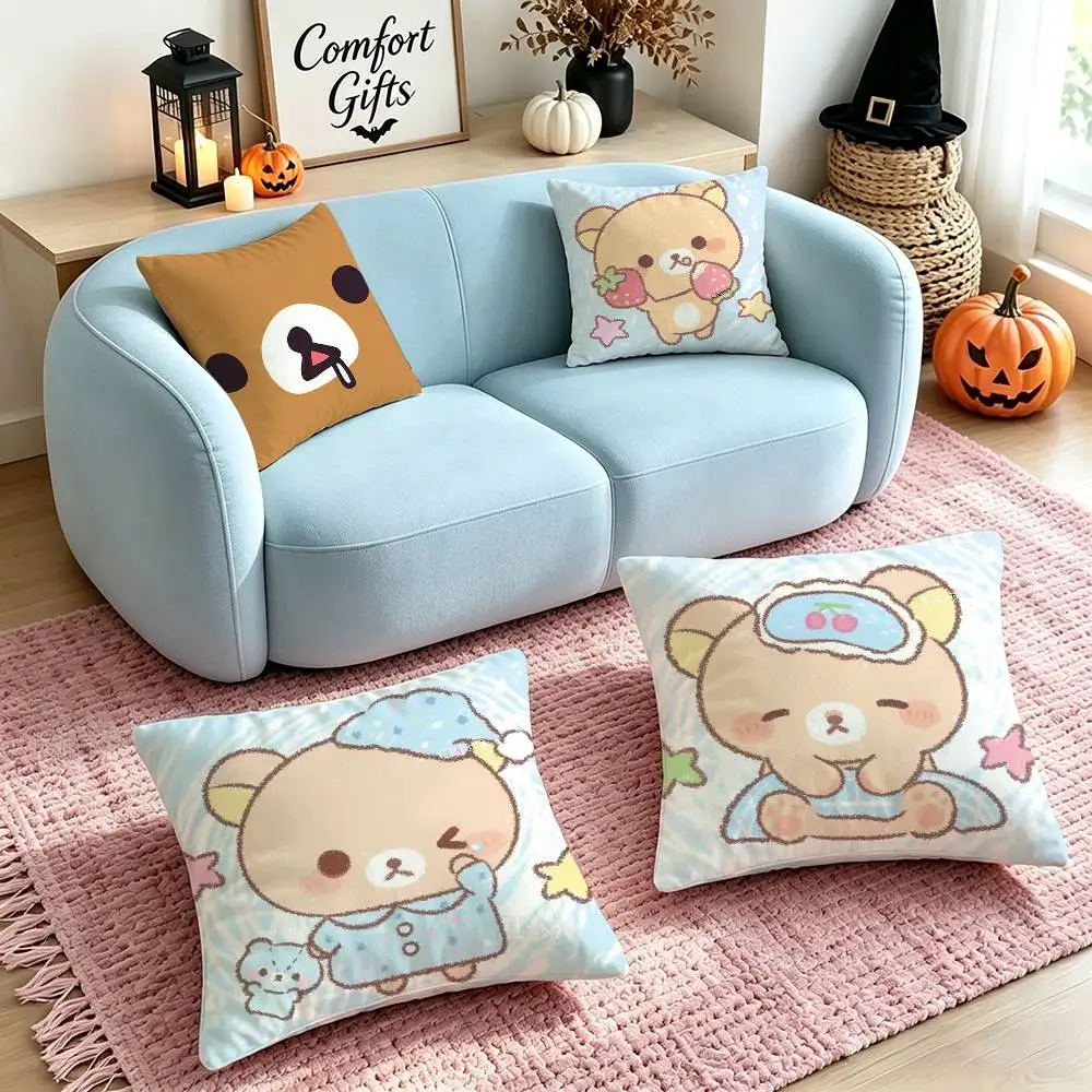 Cute R-Rilakkumas-S Bear  Pillow Case Square Double-Sided Sofa Cushion Cover Bedroom Bedside Pillow