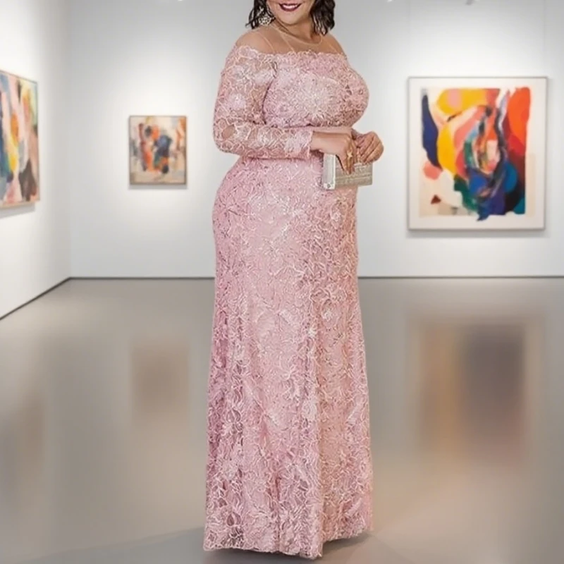 فساتين أم العروس الوردية جوهرة الرقبة طويلة الأكمام حورية البحر الدانتيل الكامل مثير الطابق طول فساتين السهرة فستان الزفاف الضيوف