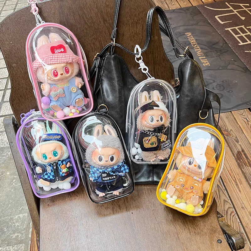 Colorful Transparent Labubu Protector Case Organizer Box for 17cm Labubu Plush Dolls Outdoor Display Bag With Keychain