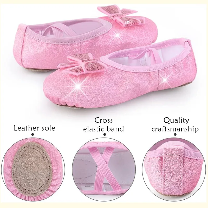 الفتيات بريق الشقق الباليه الرقص أحذية من الجلد للفتيات الجمباز الرقص ممارسة سبليت وحيد لا التعادل مع القوس سباركلي