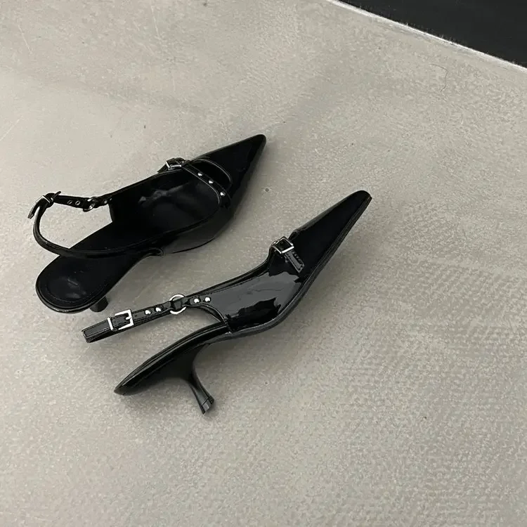 Fashion Slingback Sandals Women Med Heels Pumps Rivet Shoes Elegant Pointed Toe Female Mules Dress Slides Denim Sandalias