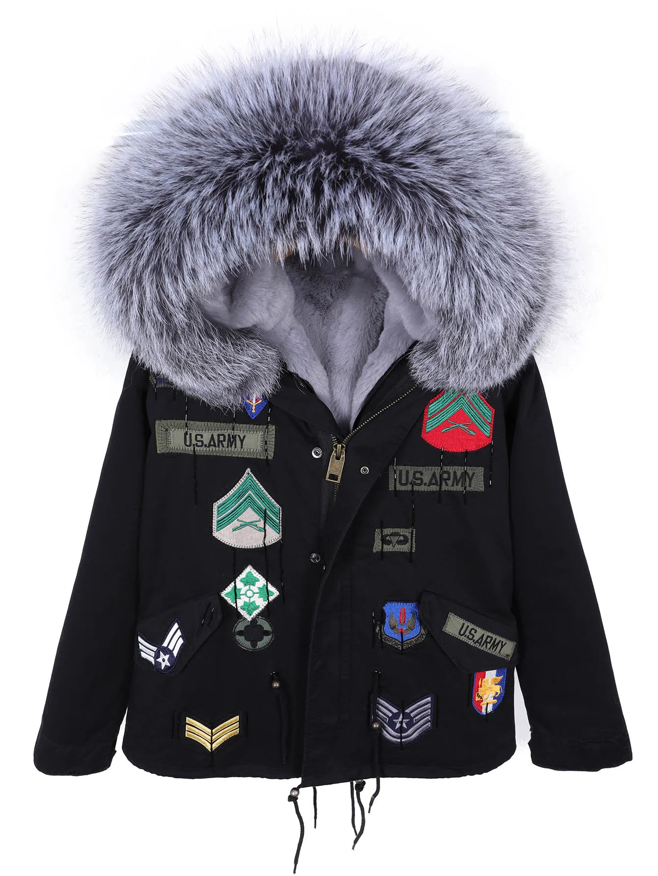 冬の女性用刺繍入りブラックパーカーコート、暖かい天然ファーの襟付きレディースジャケットアウター