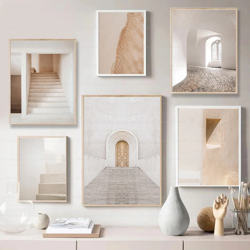 Modern Abstract Neutral Architecture Poster Stairs Corner Canvas Painting Gallery Wall Art Pictures Minimalist Boho Home Deco