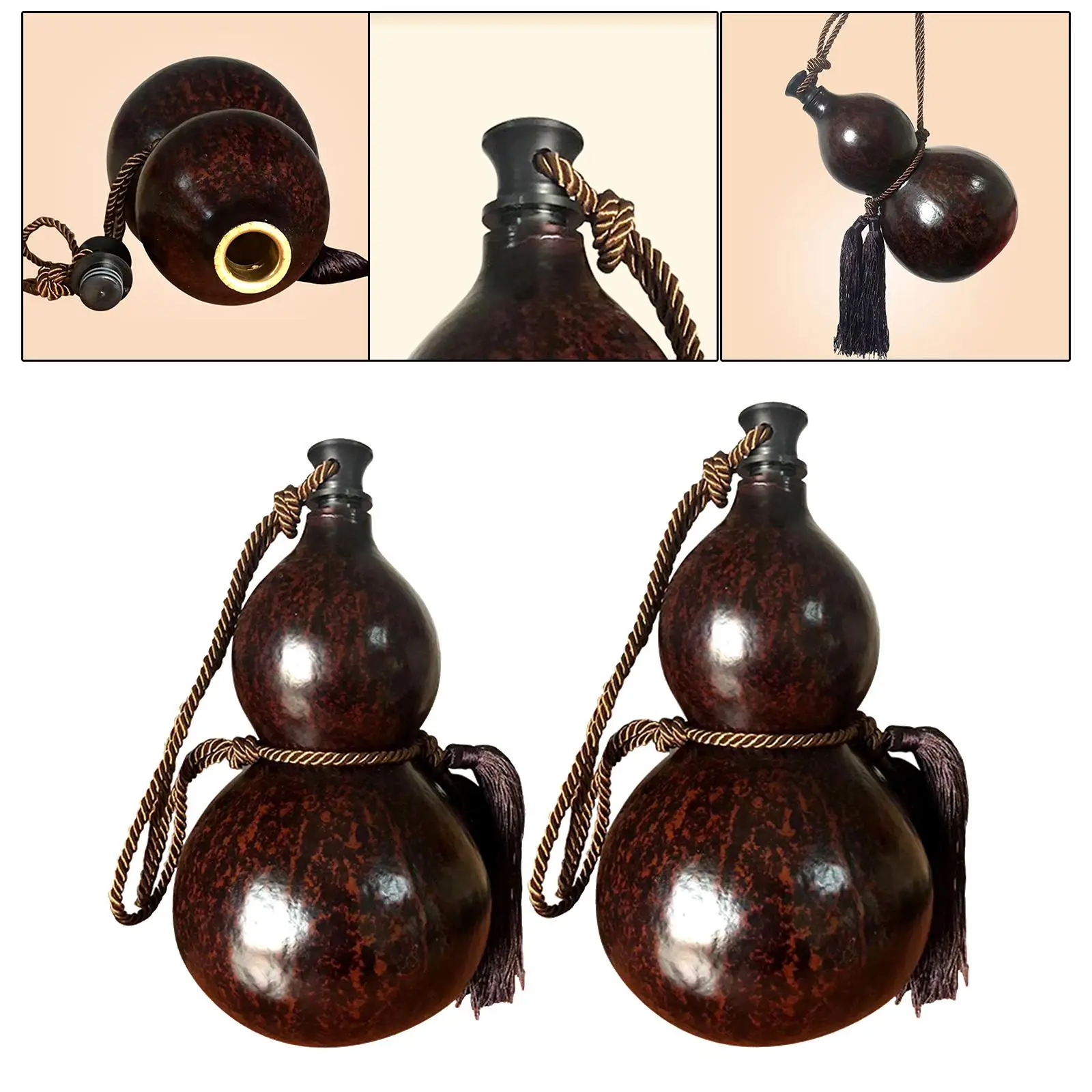 Wine Gourd Water Bottle Portable Hand Woven Rope Calabash Flask with Copper Mouth for Camping Picnic Living Room Decor