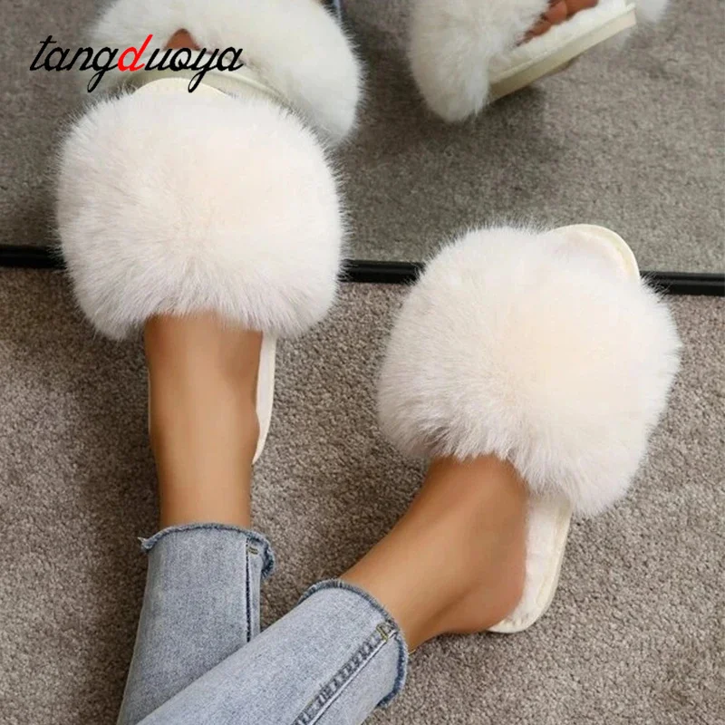 New Woman Slippers Winter Simple Word Fur Flats Soft Home Women Slippers Faux Fur Warm Bedroom Leisure Female Shoes