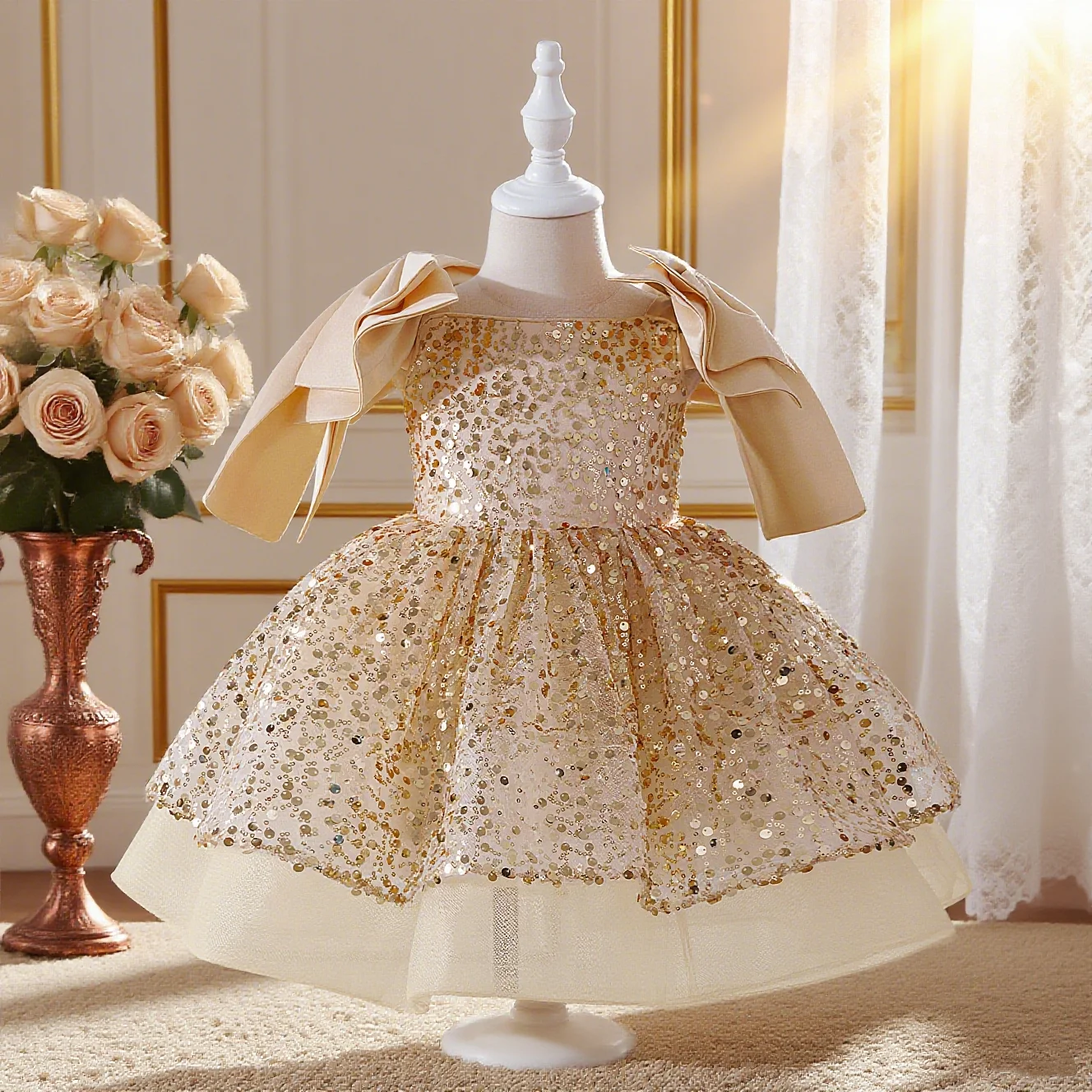 

Костюм для выступления фортепиано для маленькой девочки, модное пышное платье принцессы с бантом и блестками, вечеринка по случаю дня рождения