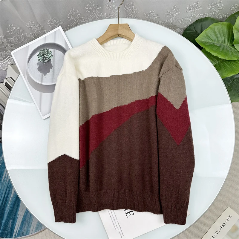 

Женский свободный свитер с круглым вырезом и длинными рукавами в стиле колор-блок, повседневный стиль, осень 2025, новая модная тенденция