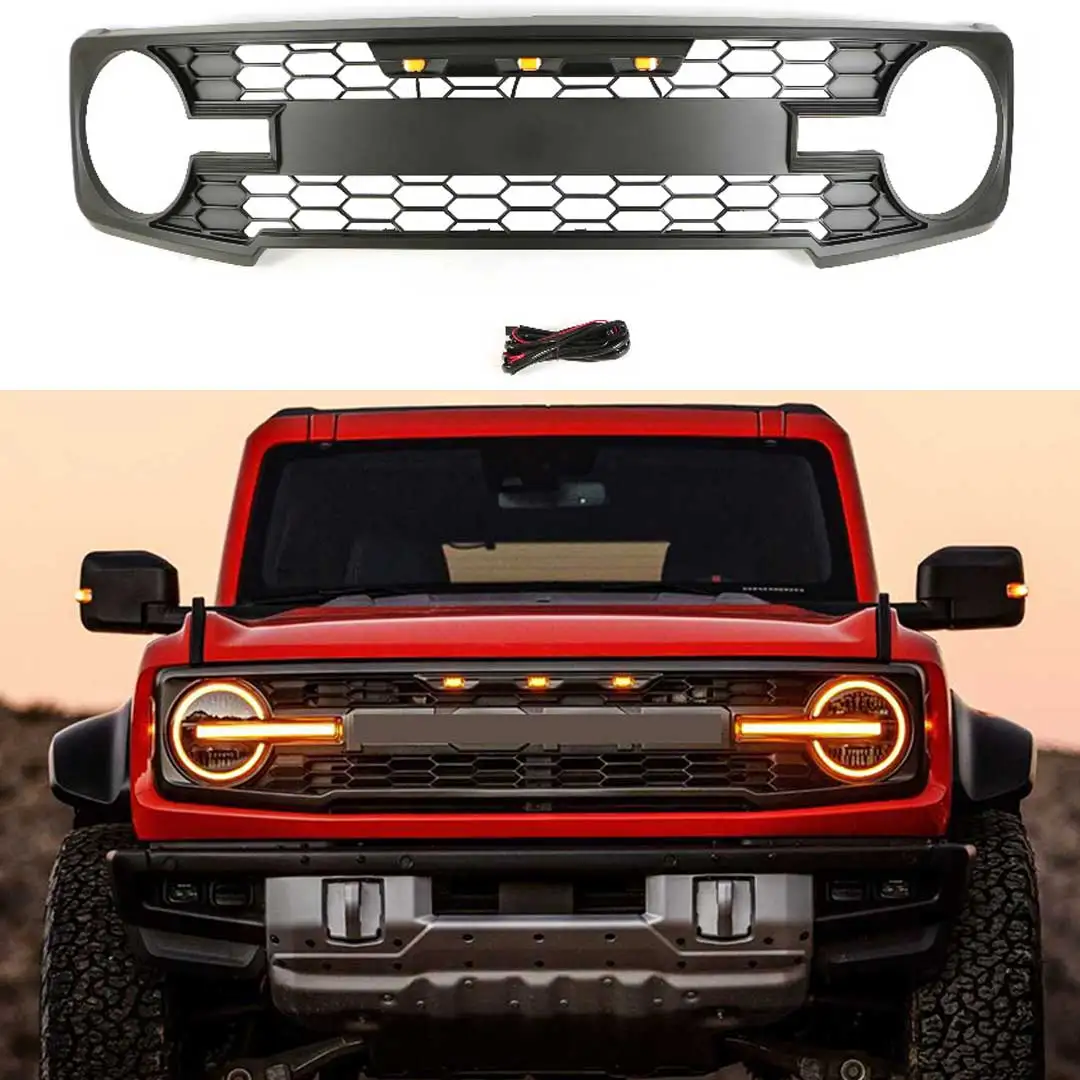 Front Grille Fit For Ford Bronco 2022 Front Grille Grill Bumper w/LED Lights Black ABS