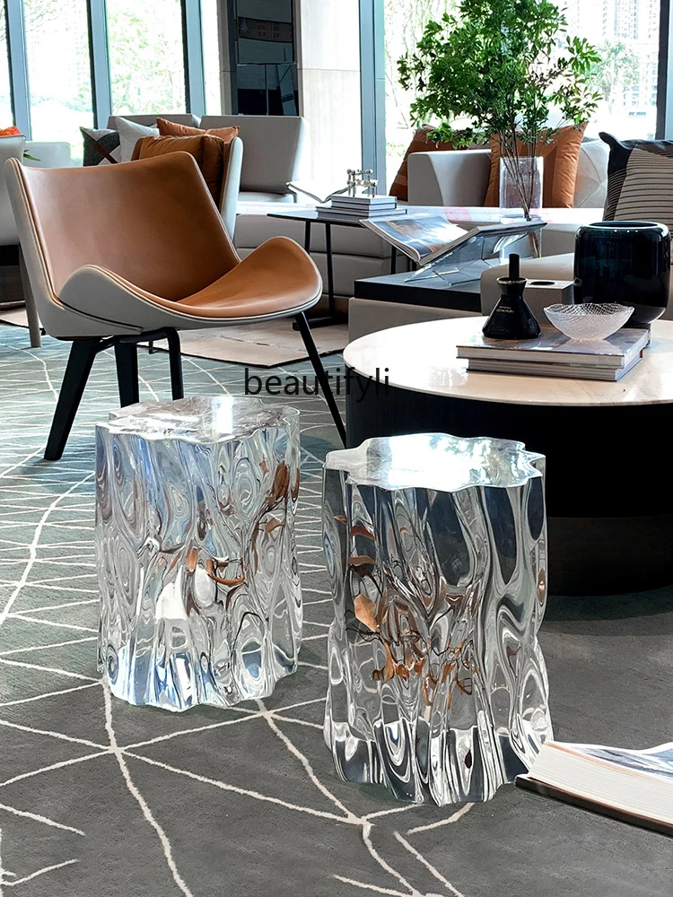 Transparent resin pier living room sofa low stool acrylic platinum crystal branches and leaves solid wood