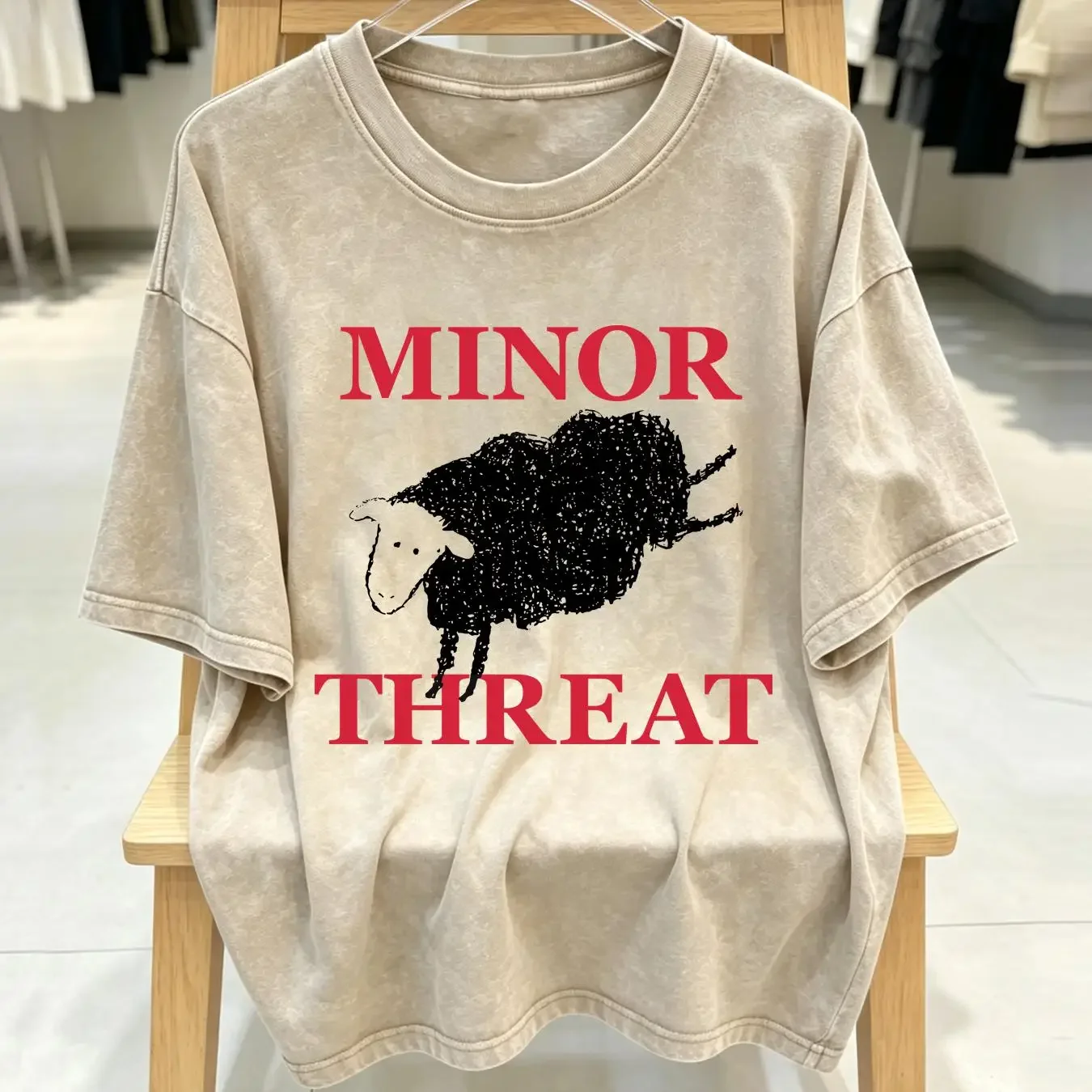 washed T Shirt Minor Threat Black Sheep Out Of Step White vintage Washed graphic Soft fashion Comfortable Versatile Unisex