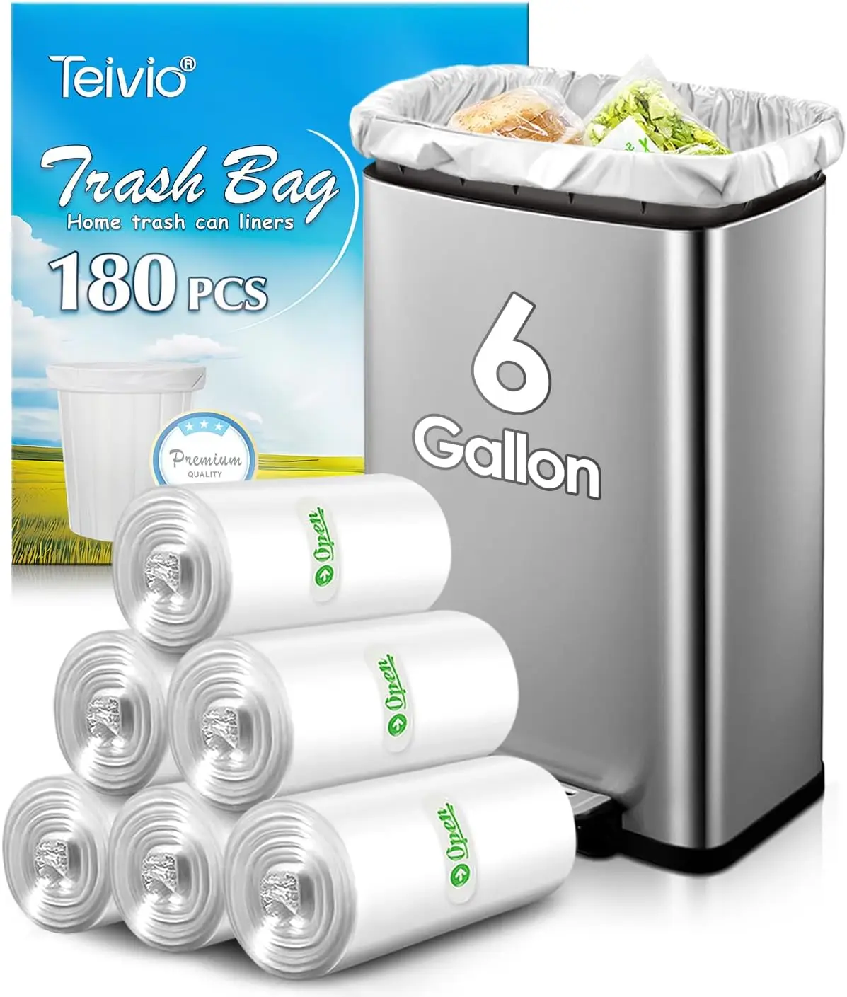 

6 Gallon 180 Counts Strong Garbage Bags, Clear Trash Can Liners for Home Office Kitchen