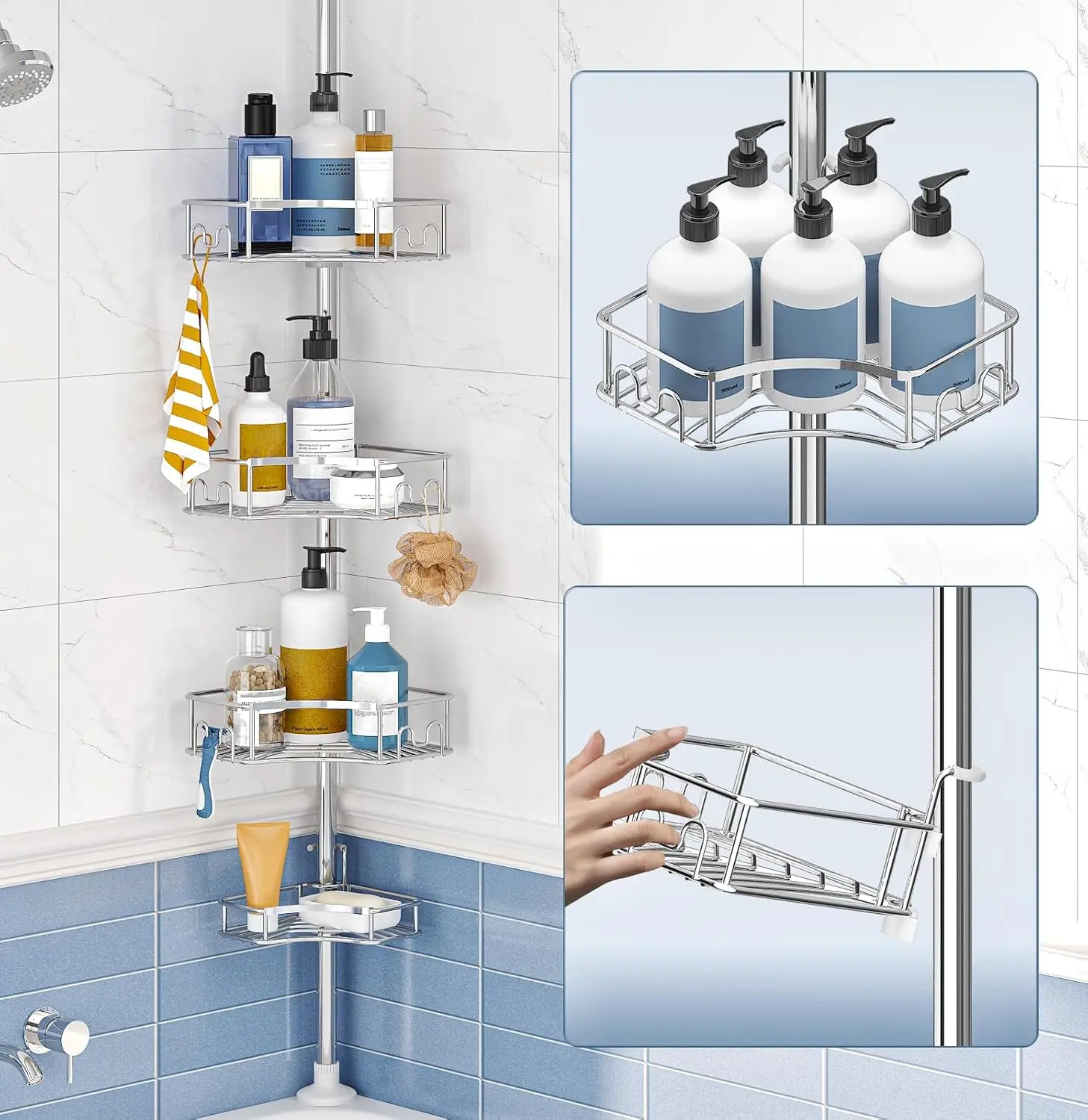 Corner Shower Caddy Tension Pole, 4-Tier Rust-Free Shower Organizer Corner,Adjustable Shower Shelf for Inside Shower