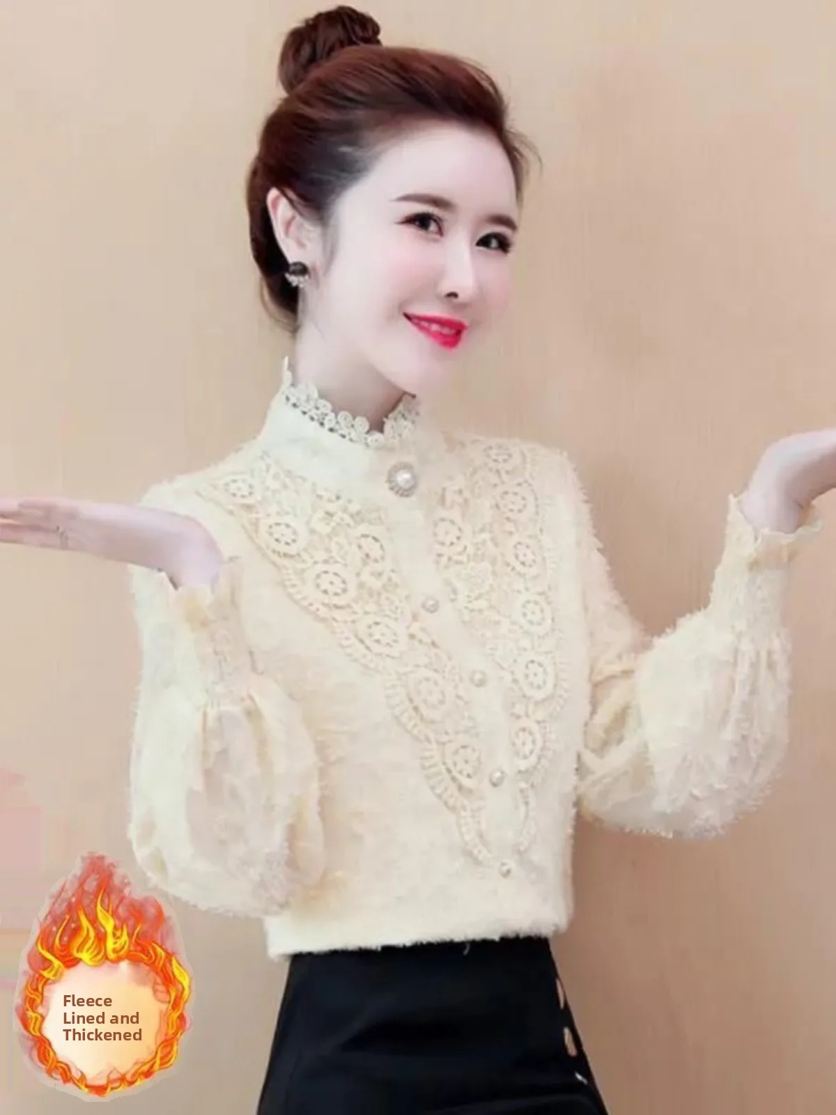

Autumn Winter Thickened Fleece Women's Loose Chiffon Top Lace Base Layer Shirt Fashionable And Stylish Spring New Arrival