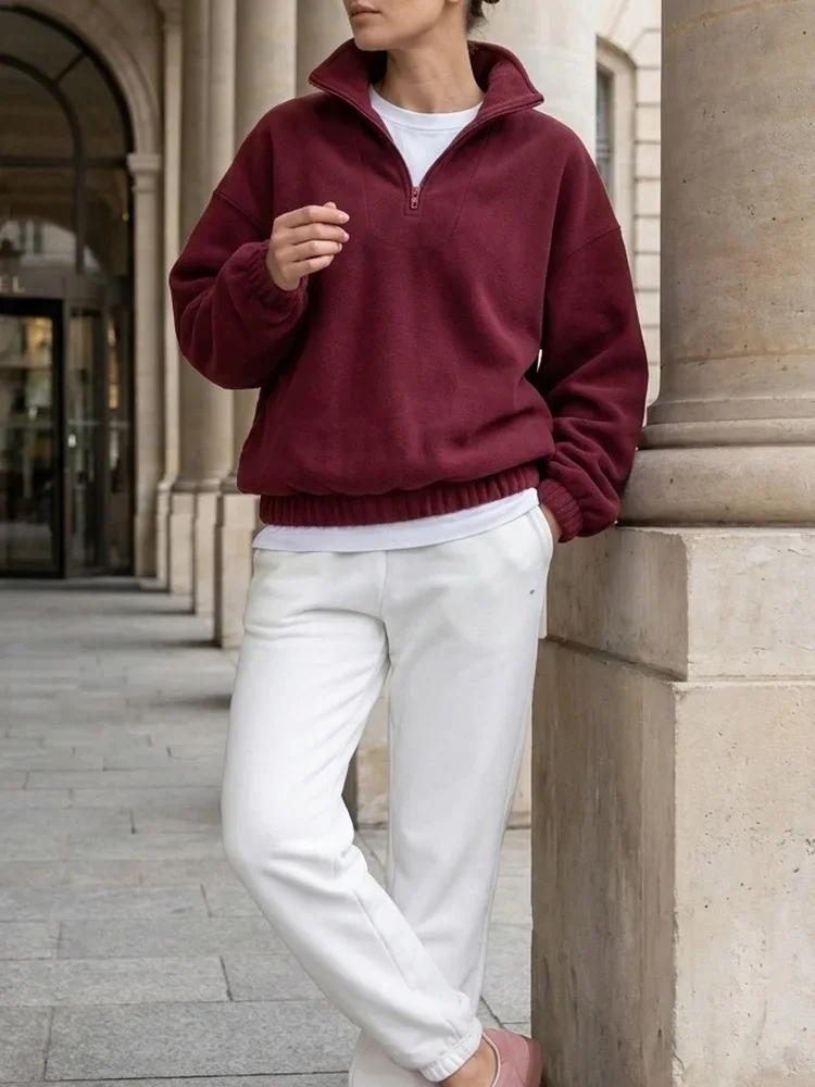 Fleece Half Zip Sweatshirt Long Sleeve Mock Neck Drop Shoulder Ribbed Cuff Ribbed Hem Oversized Daily Street Sweatshirt 2026
