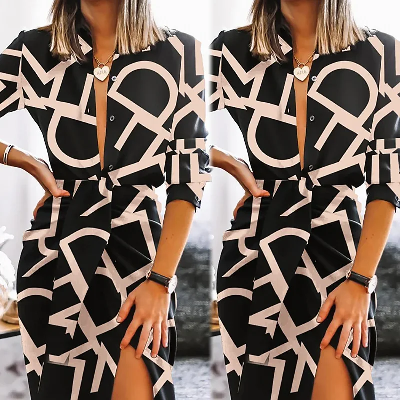 2024 Spring Summer New Cross-Border Amazon Europe Printed Long Sleeve Sexy Deep V Side Slit Bodycon Skirt Women's