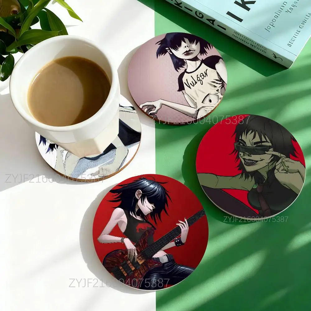 

Noodle G-Gorillaz Rock Pattern Art Coasters Round Wooden Heat Resistant Non-Slip Home Decor Gift Multifunctional