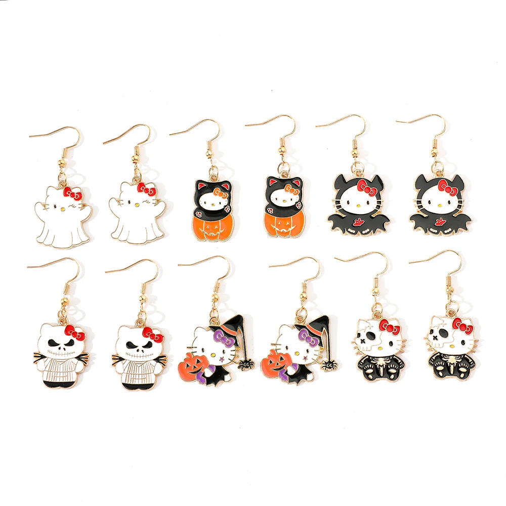 Sanrio Fashion Cute Hello Kitty Earrings Cartoon Anime Kitty Cat Halloween Earstuds For Women Girls Party Jewellery Gift