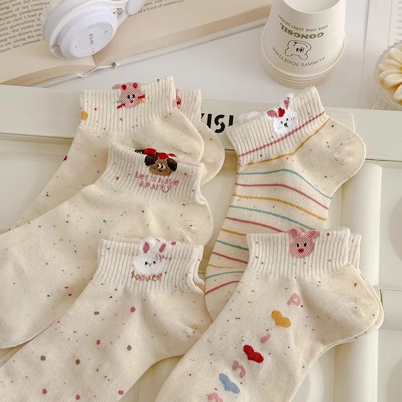 5/10 Pairs Dot Yarn النساء الجوارب القصيرة موضة لطيف الكرتون نمط الربيع/الصيف امتصاص العرق تنفس الجوارب غير رسمية