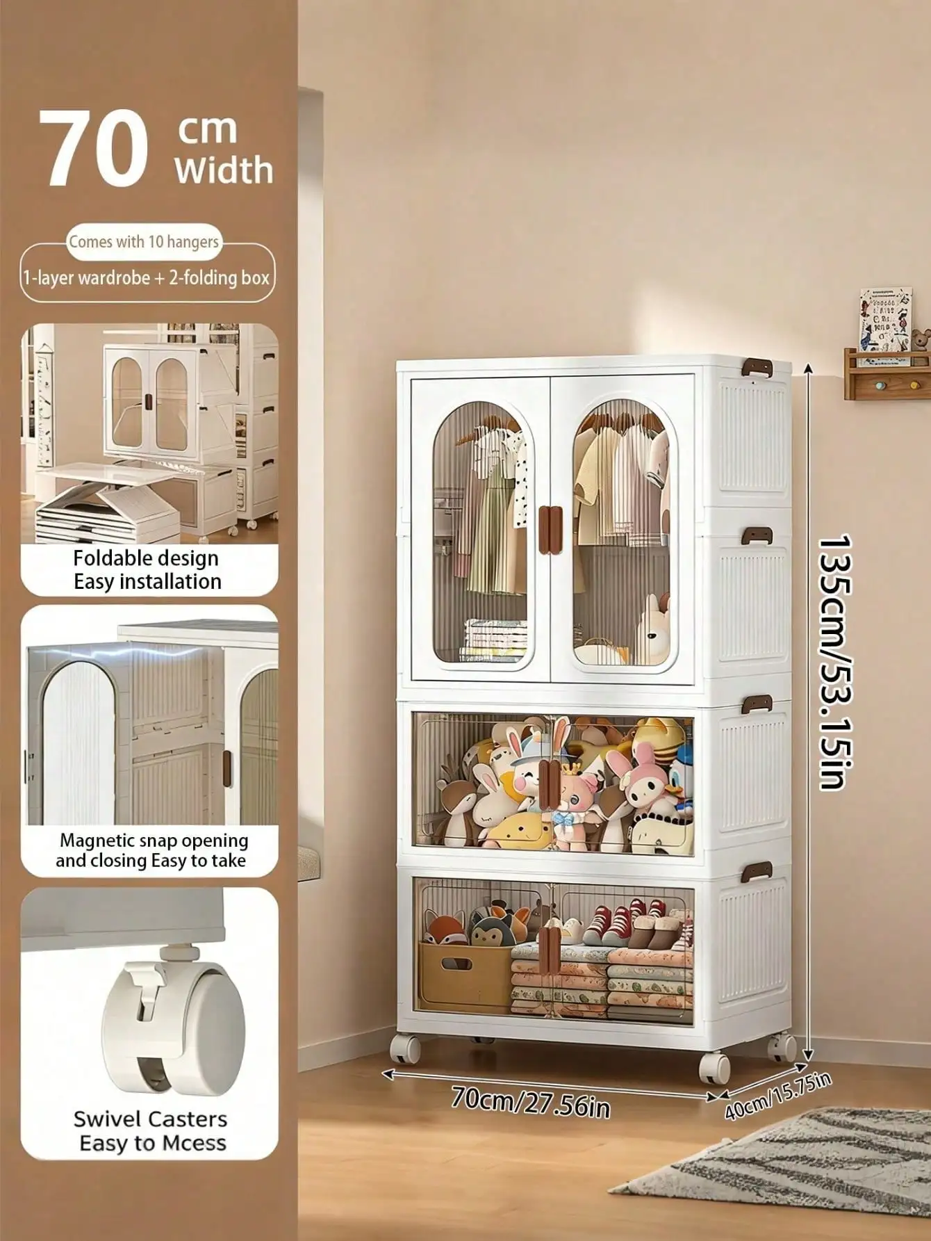 70cm 27.55 Inch Large Foldable Wardrobe Storage Box White Plastic Stackable Storage Bins With Wheels Clear Front Doors Collapsible Hanging Clothing Cabinet For Bedroom Closet Storage Gift view 3