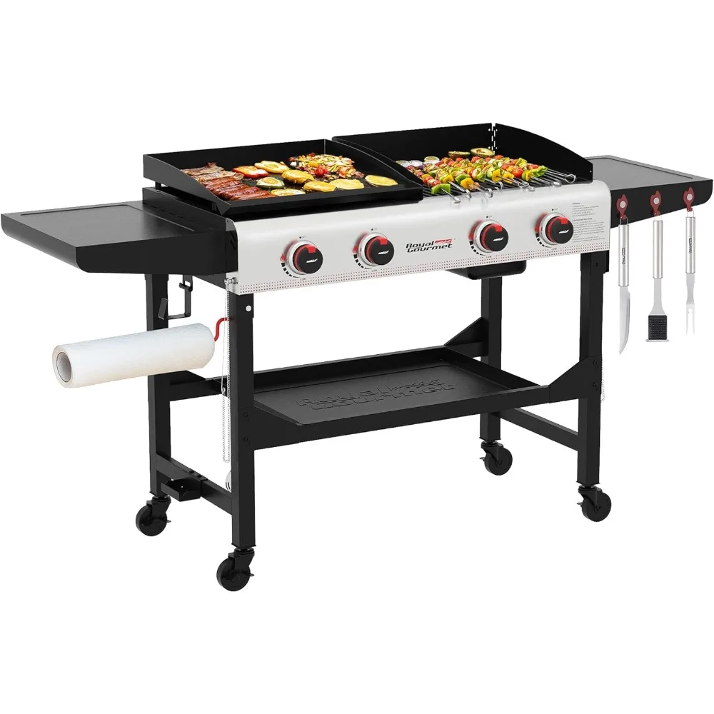 4 Burner Propane Gas Grill Griddle Combo Folding Legs 48000 BTU Portable Outdoor Camping Tailgating
