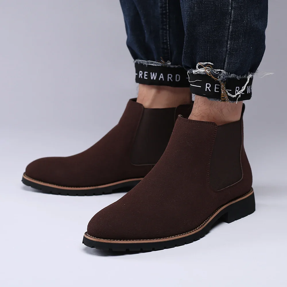 Suede Chelsea Boots Men Dress Ankle Knight Boots Man Black Half Shoe Slip on Simple Business Shoe Formal Leather Botas De Hombre