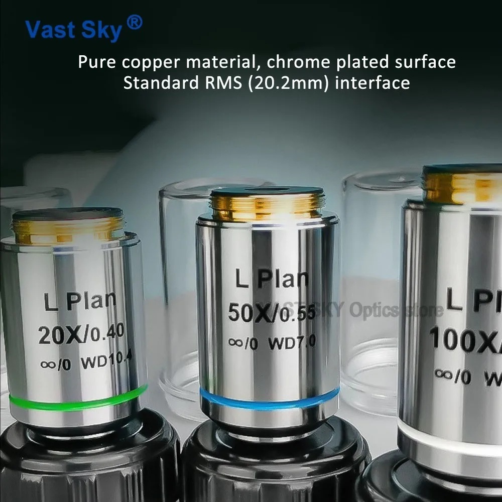 Long Working Distance Flat Field Infinite Infinity Plan Objective Lens 5X 10X 20X 50X 100X for Biological Microscope RMS 20.2mm