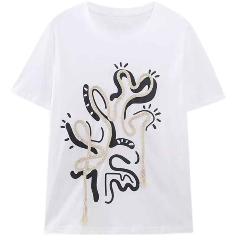 

Summer New Women's Loose T-irt round Ne Fringe Rope Decor Versatile 8-24 Years Old Commute Sle ort Sve Regular Le...
