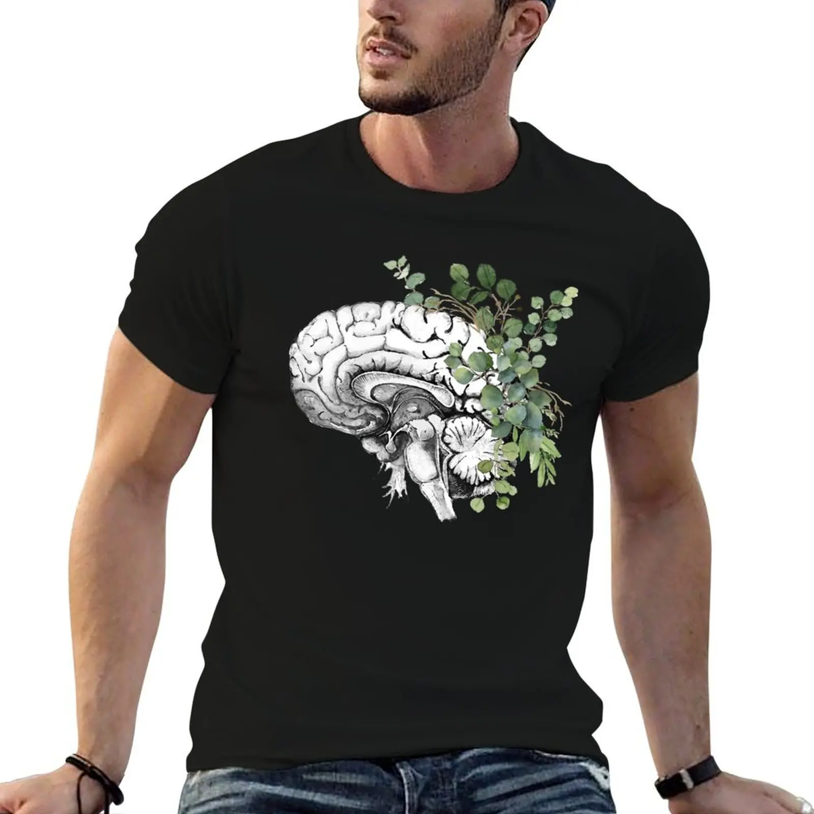 

Human brain illustration with eucaliptus leaves, brain art, psychology vintage style T-Shirt essential t shirt T-Shirt