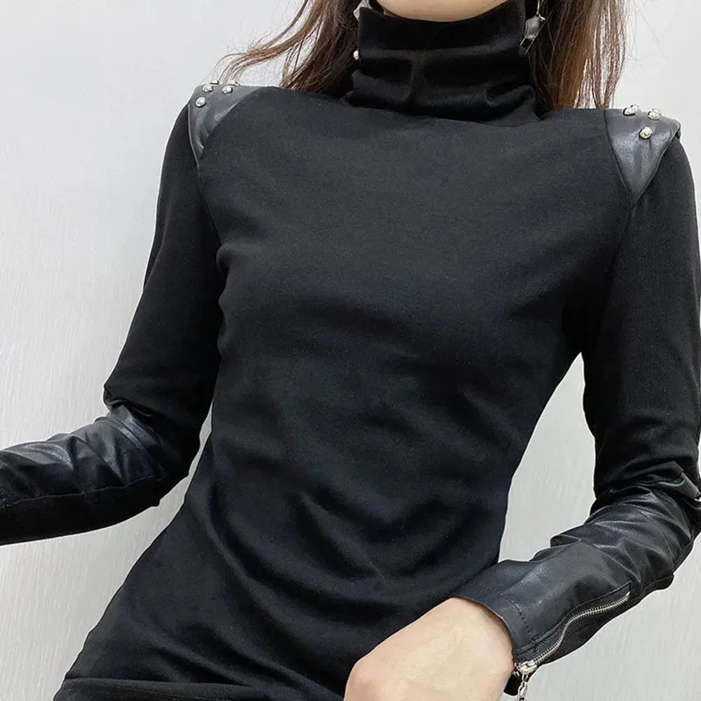 Black Ladies Elegant T-shirts Autumn Winter New Long Sleeve Half High Neck Underlay Shirt Fashion Versatile Leisure Female Tees