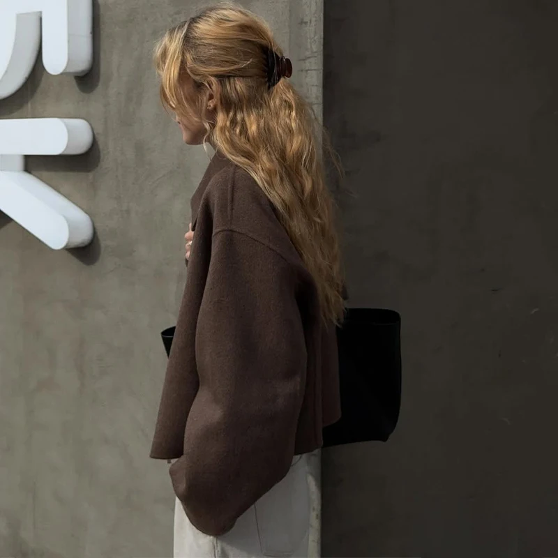 Übergroße Kurze Wolljacken für Damen mit Revers, Langen Ärmeln, Reißverschlusstaschen, Einfarbig, Locker Geschnitten, Schicke Herbst-Neuheiten Oberbekleidung – Detail 17