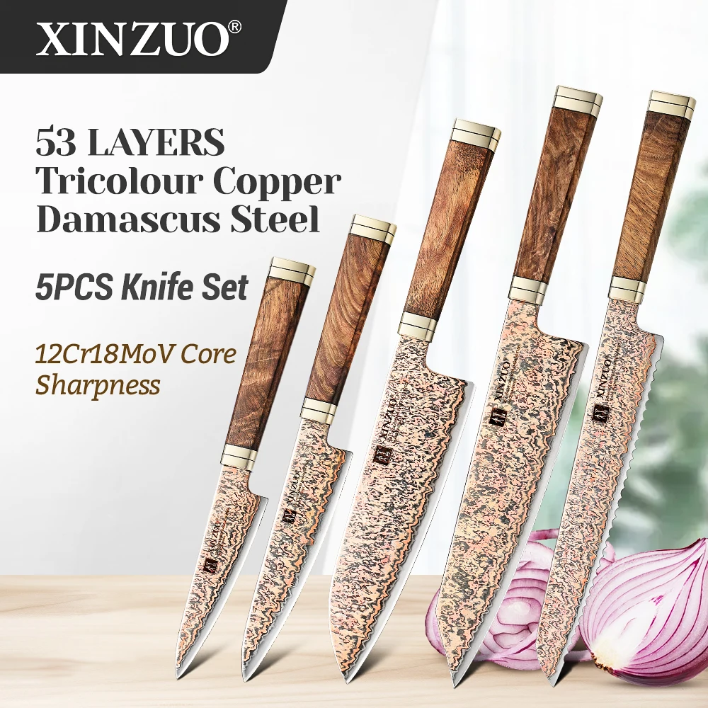 XINZUO New 1 or 5PCS Kitchen Knife Set 12Cr18MoV Steel Core 53-Layer Tricolor Copper Damascus Steel Padauk Wood & G10 Handle