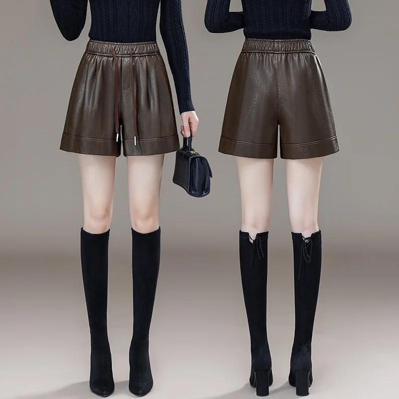 Einfarbige Ledershorts mit elastischem Bund und Kordelzug für Damen, neuer Herbst- und Winterstil, zierliches, schlankmachendes, weites Bein mit hoher Taille