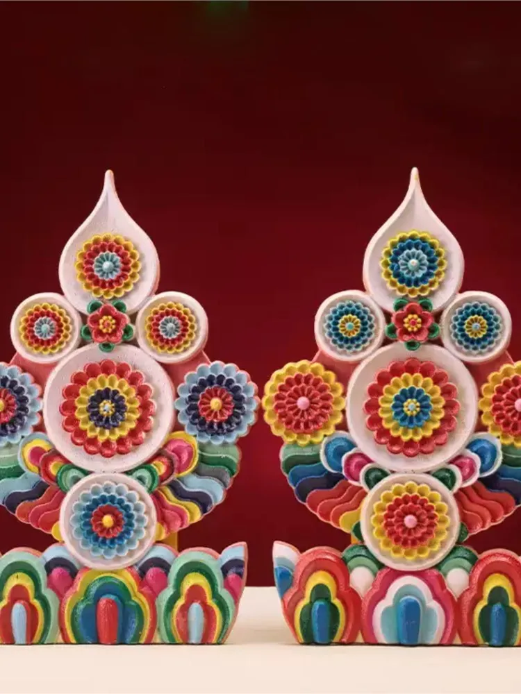 Autel bouddhiste tibétain en bois à trois racines (Guru,Deity & Dakini) Torma huit offres de bon augure décor de rituel de sanctuaire à la maison