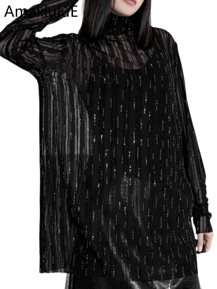 

Amax LuluE Winter Womens Fashion Sexy Lace Diamond T-shirts Loose Casual Turtleneck Clothes Ladies Elegant Vintage Classic Tops