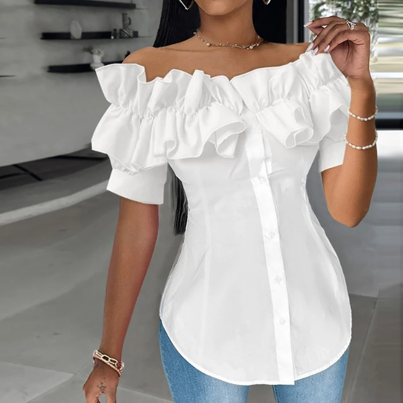 New Spring Summer Short Sleeve Cardigan Tops, Women Slash Neck Patchwork Solid Blouses, 2025 Simple Button Ruffles Ladies Shirts