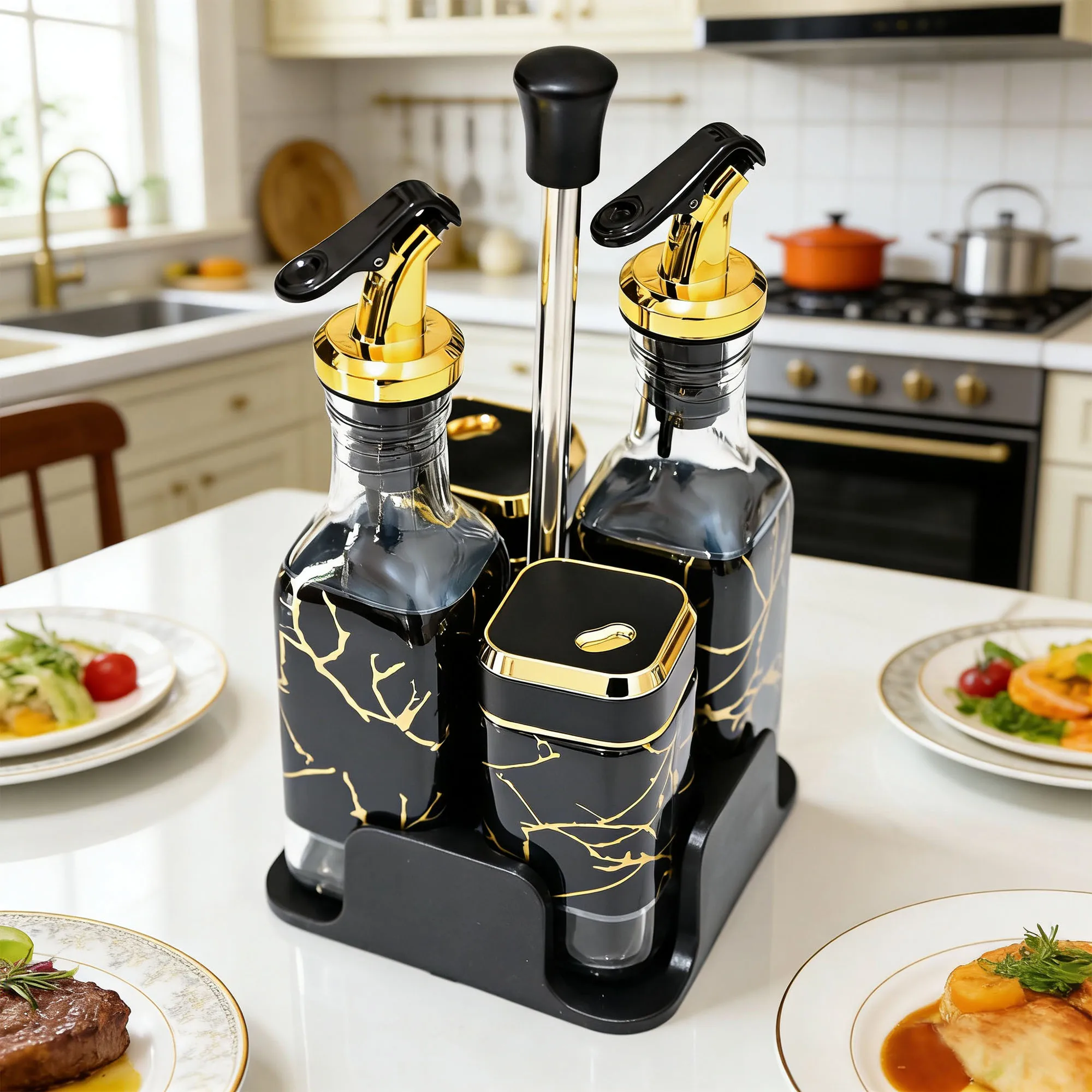 Set di barattoli in vetro per spezie e dispenser per olio, coperchio sigillato a tenuta stagna, 360 ° Set Combinato per Conservazione Condimenti con Foro di Scarico, per Cucina e Pasticceria