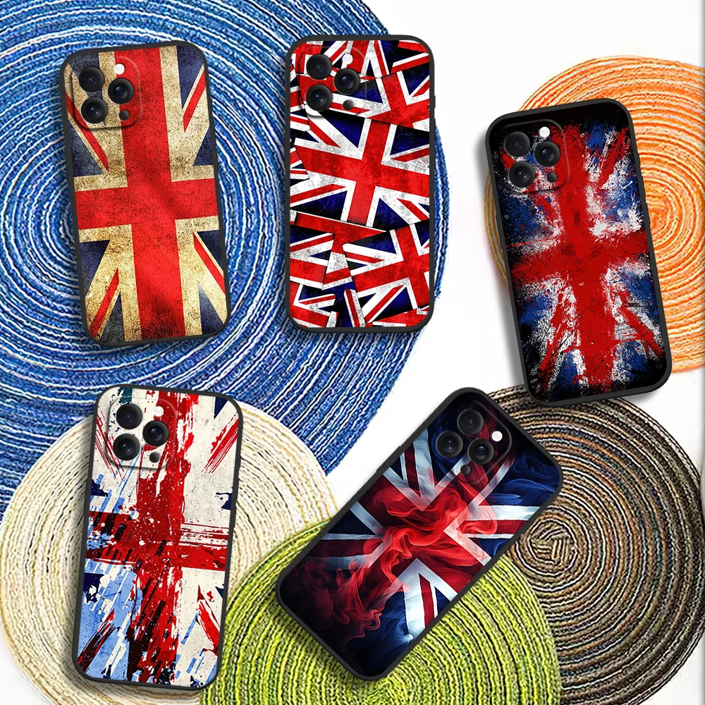 Union Jack British England UK Flag Phone Case for iPhone 12 11 14 15 13 16 Max Plus Pro Black Soft Silicone Cover