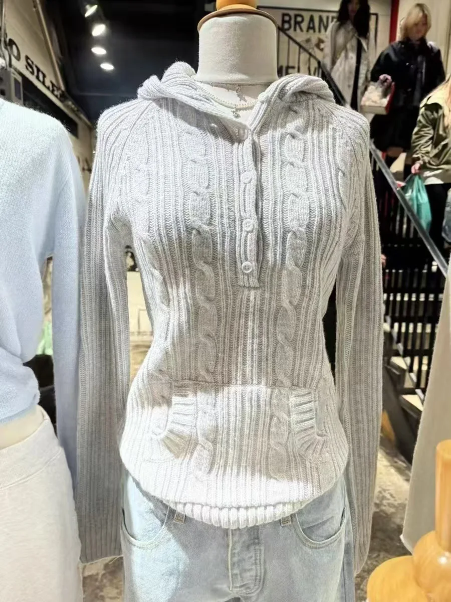 

Gray Twisted Flower Hooded Sweater Women Buttons Long Sleeve Pocket Pullover Jumpers Autumn Preppy Style Vintage Knit Sweatshirt